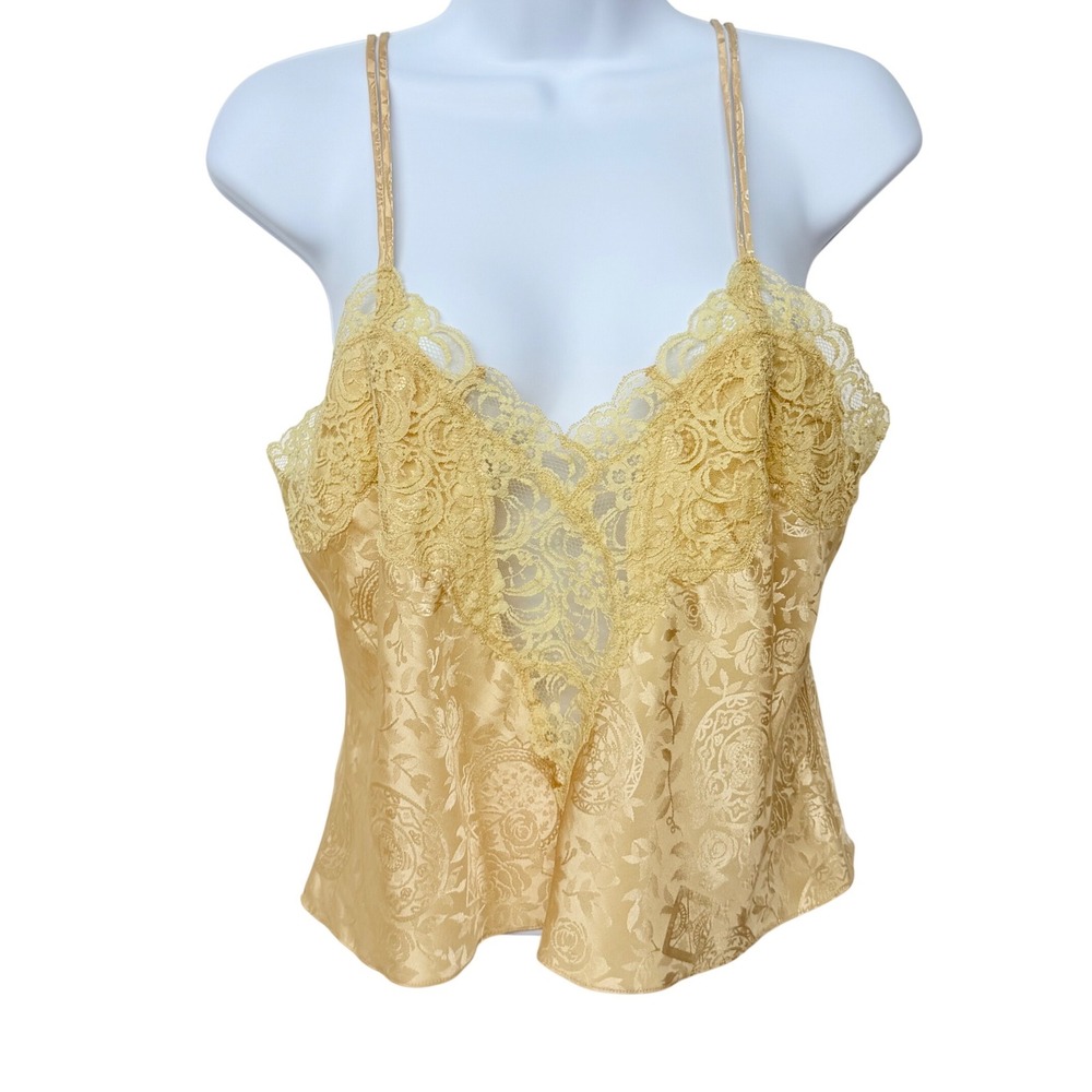 Vintage 90s VS Gold Satin Lace Cami Top Small Coquette Jacquard Rose Boho Fairy